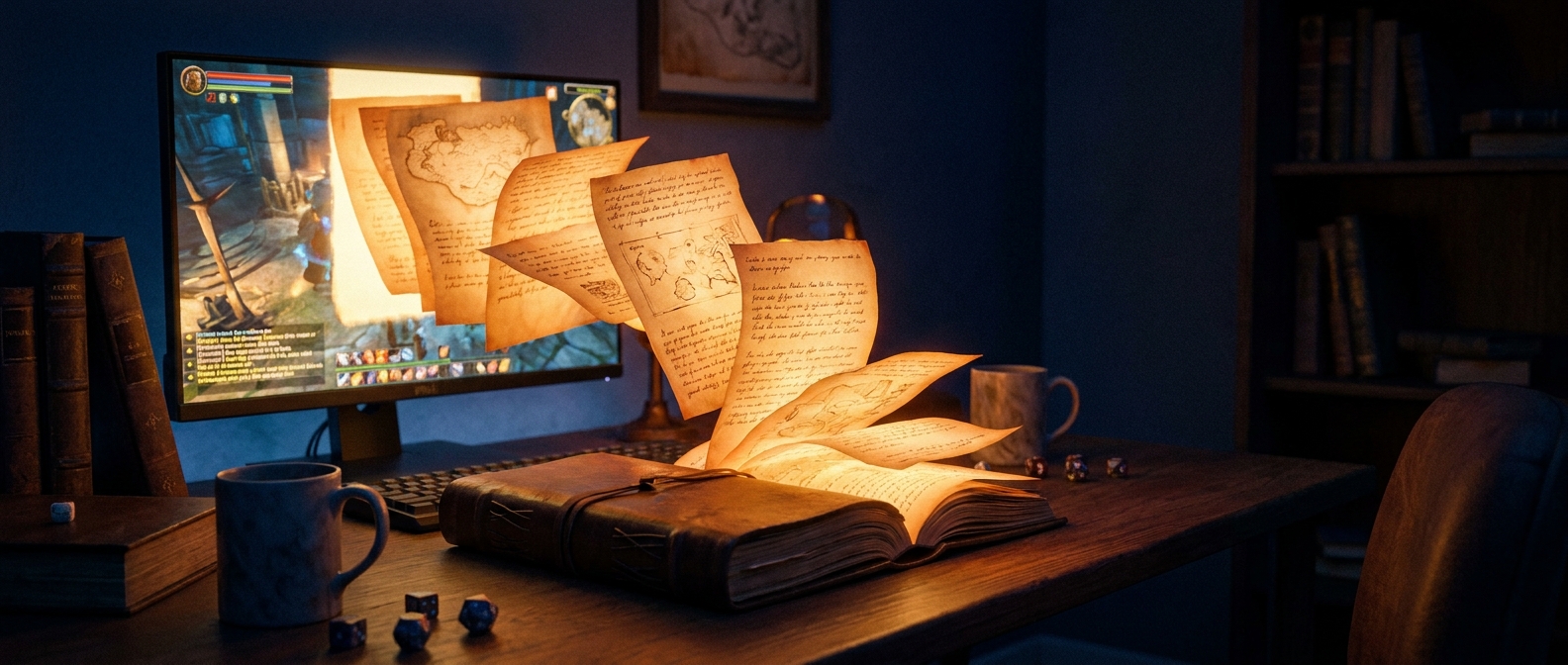 A desk at night. A game runs on the monitor. Lit pages lift out of the screen and settle into an open leather book.