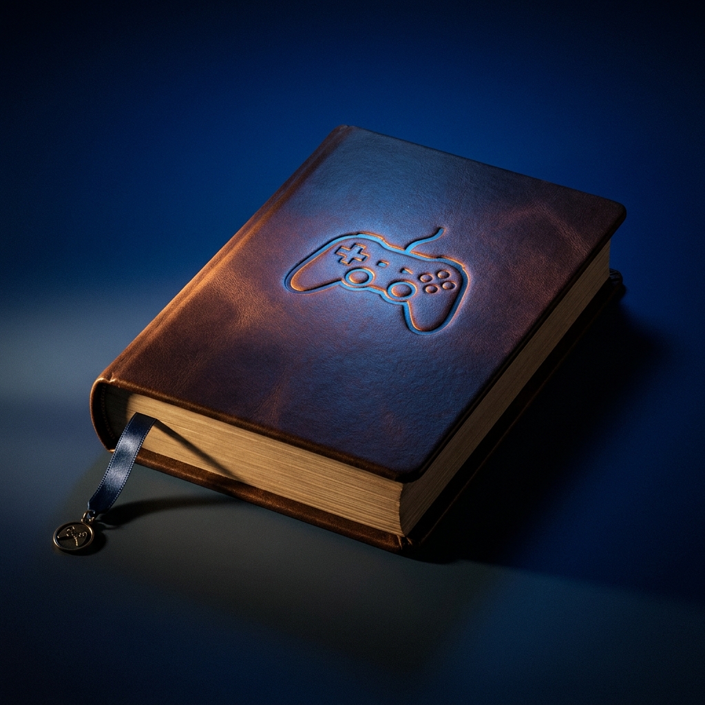 A leather-bound book. A game controller is embossed on the cover.
